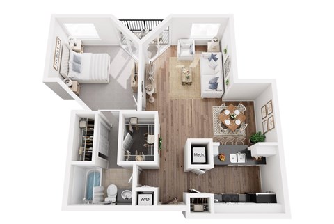 Floor plan for 1 bed, 1 bath, 785 sqft